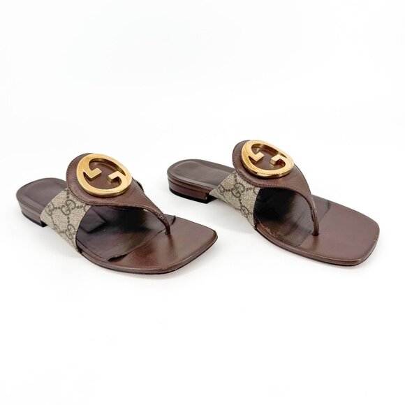 Gucci Blondie GG Flat Thong Sandals Beige Monogram Leather Size 37 US 7 Women - Picture 1 of 15
